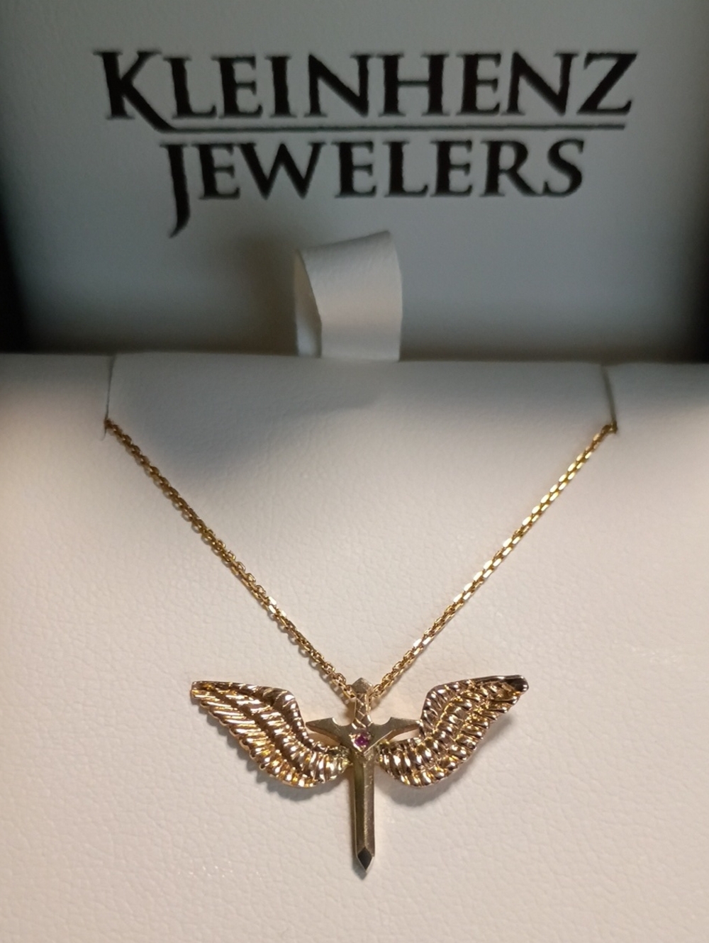 14k Yellow Gold Angle Wings With Sword Pendant And 18" 14k Gold Necklace